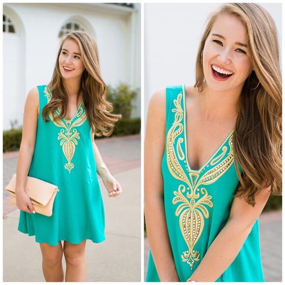 Lilly‎ Pulitzer Women's  Green Owen Trapeze Embroidered V-neck Dress Size Small - Picture 1 of 5